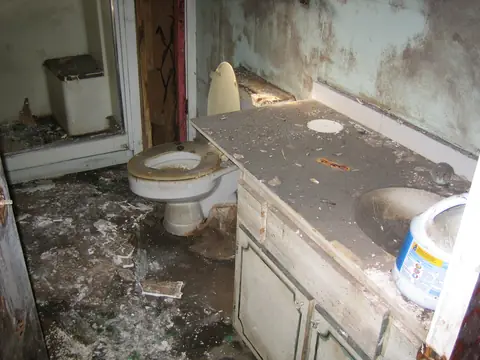 Mold on the walls of a flood-damaged bathroom