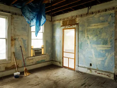 A bright room with damaged plaster walls and an opened ceiling, a broom and a bucket on the bare floor