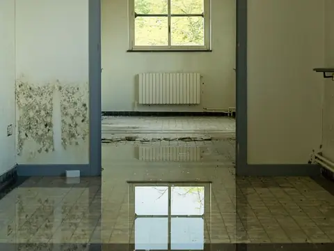 Water standing across the tiled floor of an empty room, with mold along the base of the wall