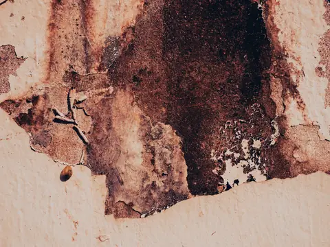 Water-stained plaster peeling from a wall