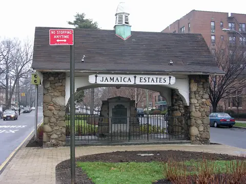 The stone gatehouse at the entrance to Jamaica Estates, Queens