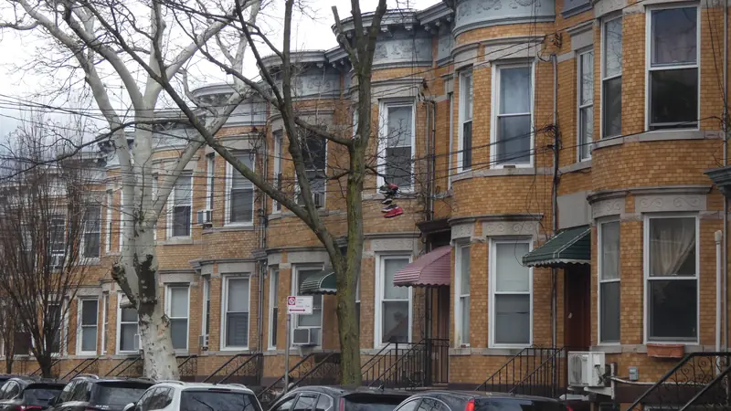 Attached brick row houses with bay fronts on a tree-lined street in the Forest-Norman Historic District, Ridgewood, Queens