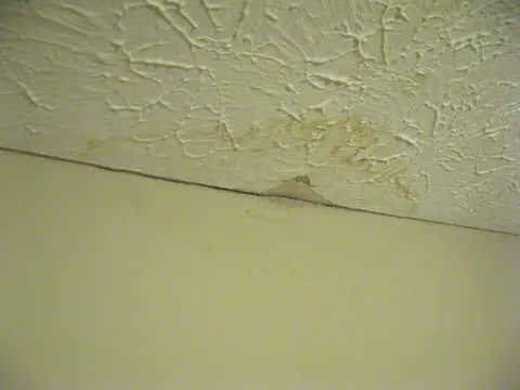 A water stain and a crack where a textured ceiling meets the wall