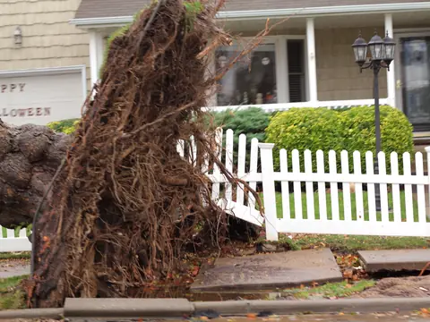 A tree pulled up by its roots beside a white picket fence in front of a house in Howard Beach, Queens